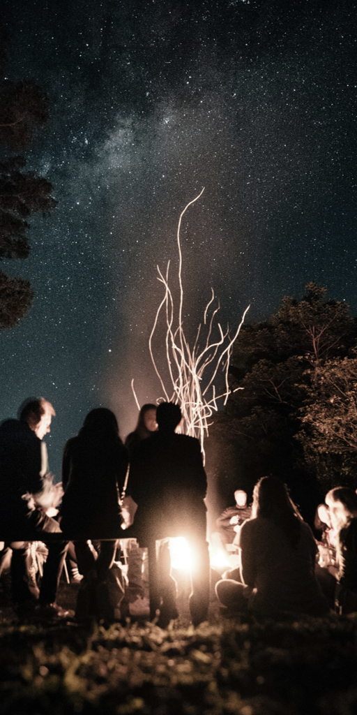 Eine Gruppe von Menschen sitzt bei einer Auszeit im Kloster während einer Sternennacht um ein großes Lagerfeuer.